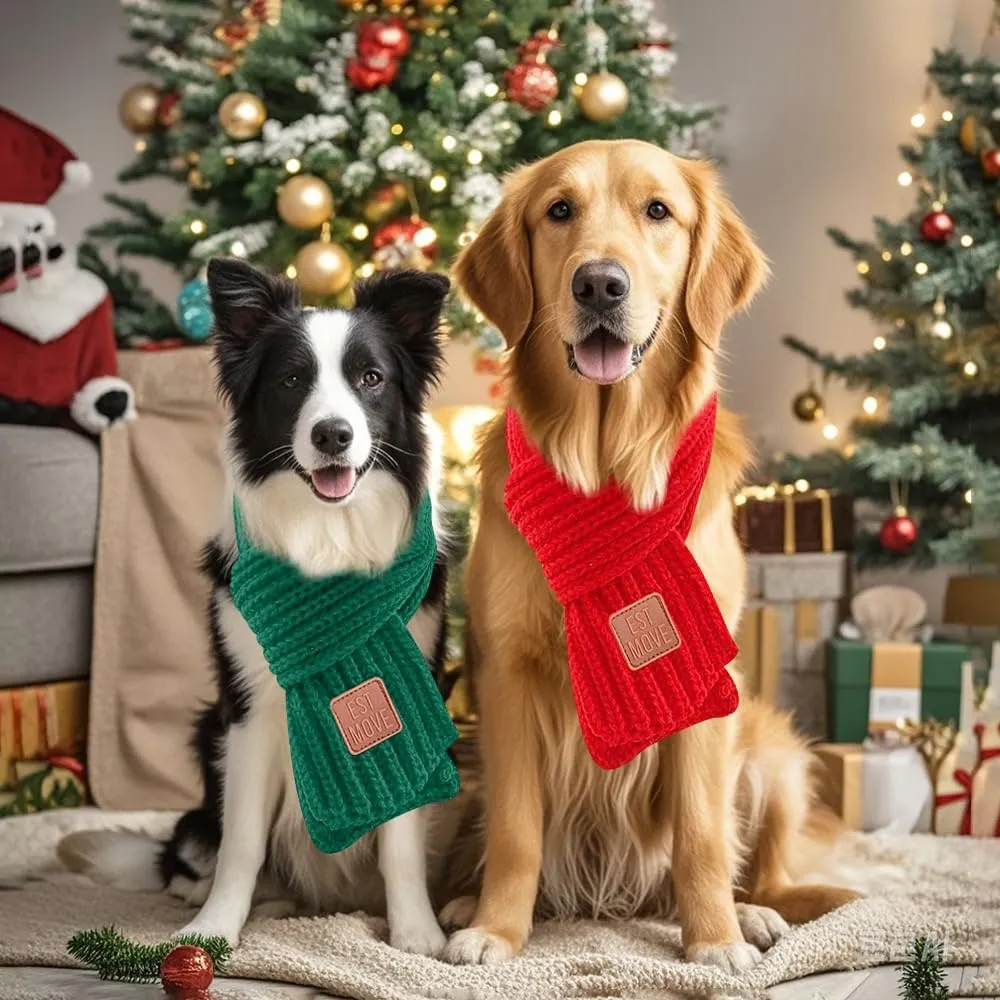 2 Pack Christmas Scarf for Small Medium Large Dogs & Cats - Green Red Warm Knitted Fall Winter Bandana Holiday Decoration (Xmas Scarf, Large)