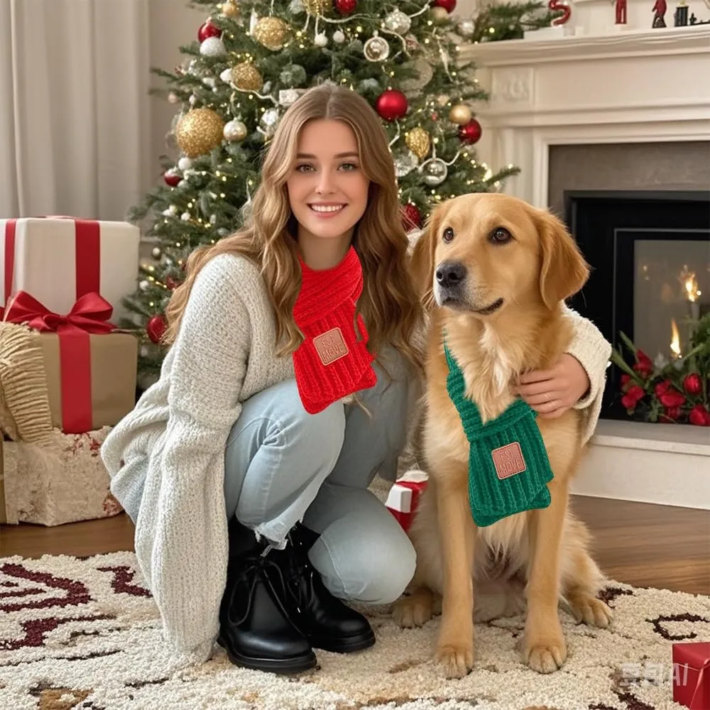 2 Pack Christmas Scarf for Small Medium Large Dogs & Cats - Green Red Warm Knitted Fall Winter Bandana Holiday Decoration (Xmas Scarf, Large)
