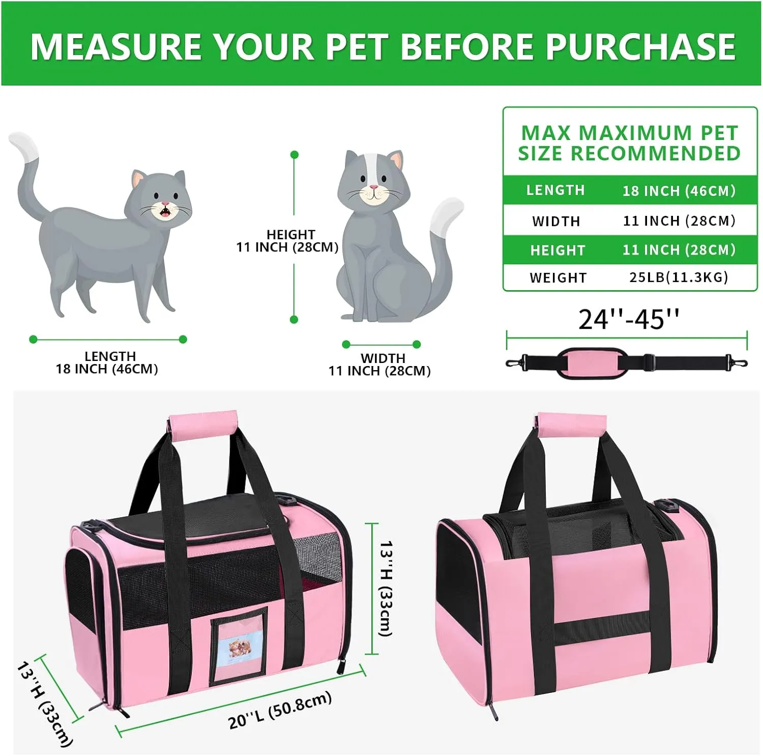 20" Large Cat Carrier Soft Sided Carrier for Cats Under 25 lbs, Folding Dog Carrier 20" Carrier for 2 Cats Travel Carrier -Large- Pink