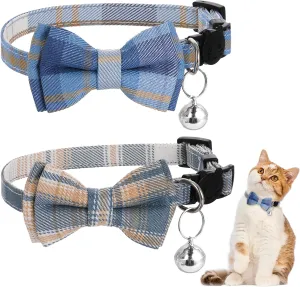 2PCS Blue & White Plaid Cat Collar with Bells, Adjustable Kitten Collar with Removable Bow Tie