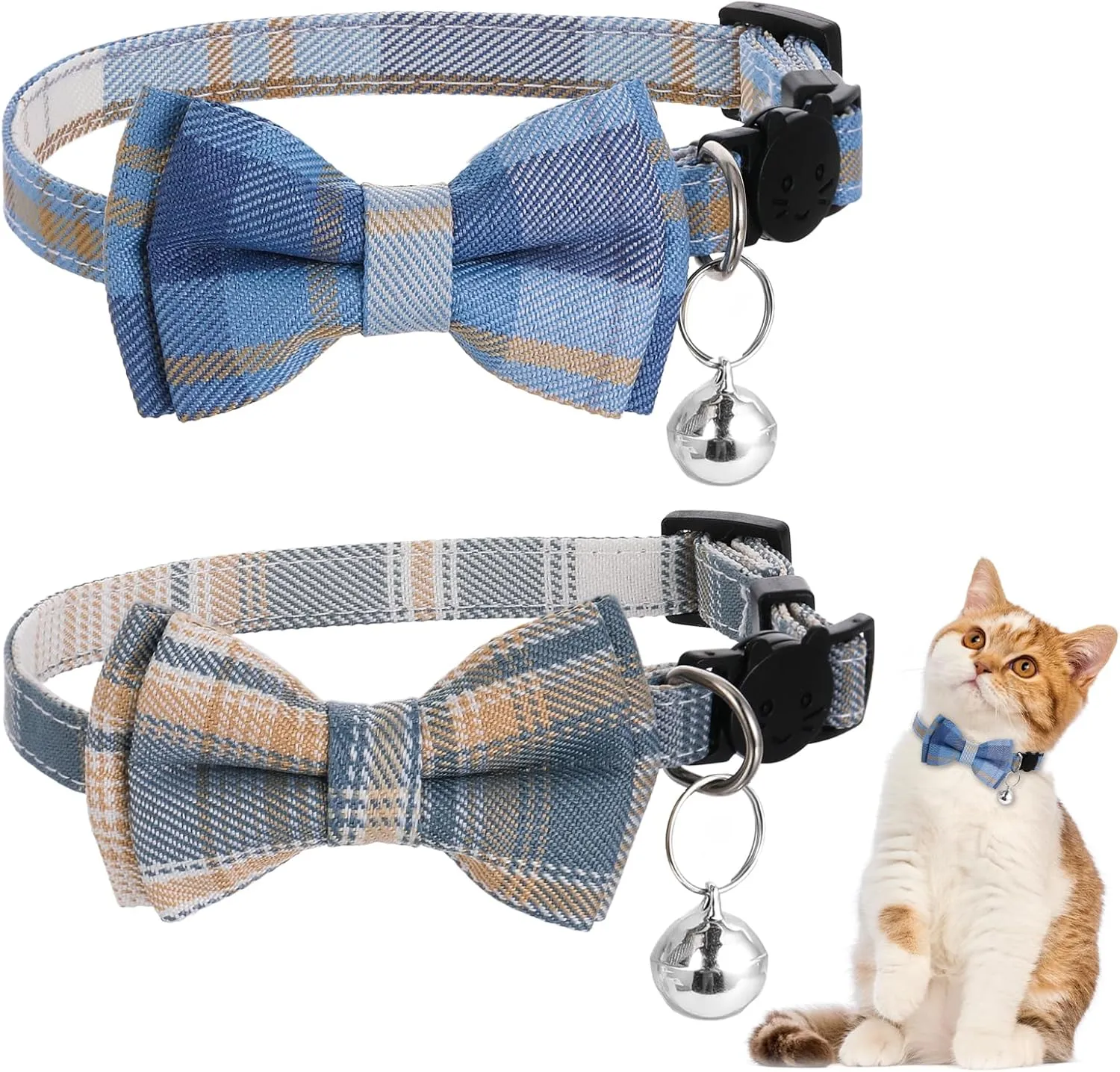 2PCS Blue & White Plaid Cat Collar with Bells, Adjustable Kitten Collar with Removable Bow Tie