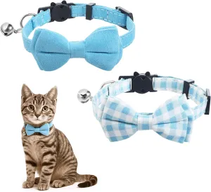 2pcs Cats Collar with Bell Breakaway Cute Kitten Bows Tie Collar with Bell Plaid Flower Adjustable Small Puppy Safety Collars Solid Color Plaid Pet Collars
