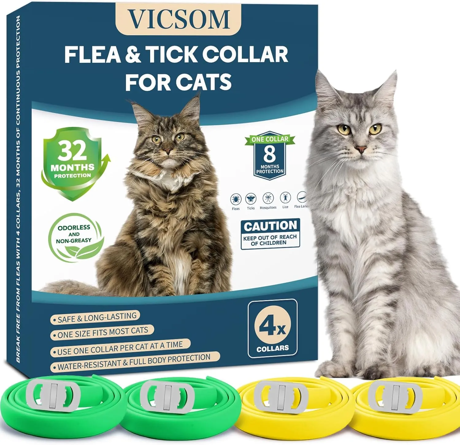 4 Pack Cat Flea Collar - Flea Collar for Cats Adjustable, Waterproof Flea and Tick Prevention for Cats and Kittens - 32 Months Protection - Flea and Tick Treatment - Green & Yellow
