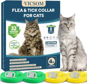 4 Pack Cat Flea Collar - Flea Collar for Cats Adjustable, Waterproof Flea and Tick Prevention for Cats and Kittens - 32 Months Protection - Flea and Tick Treatment - Green & Yellow
