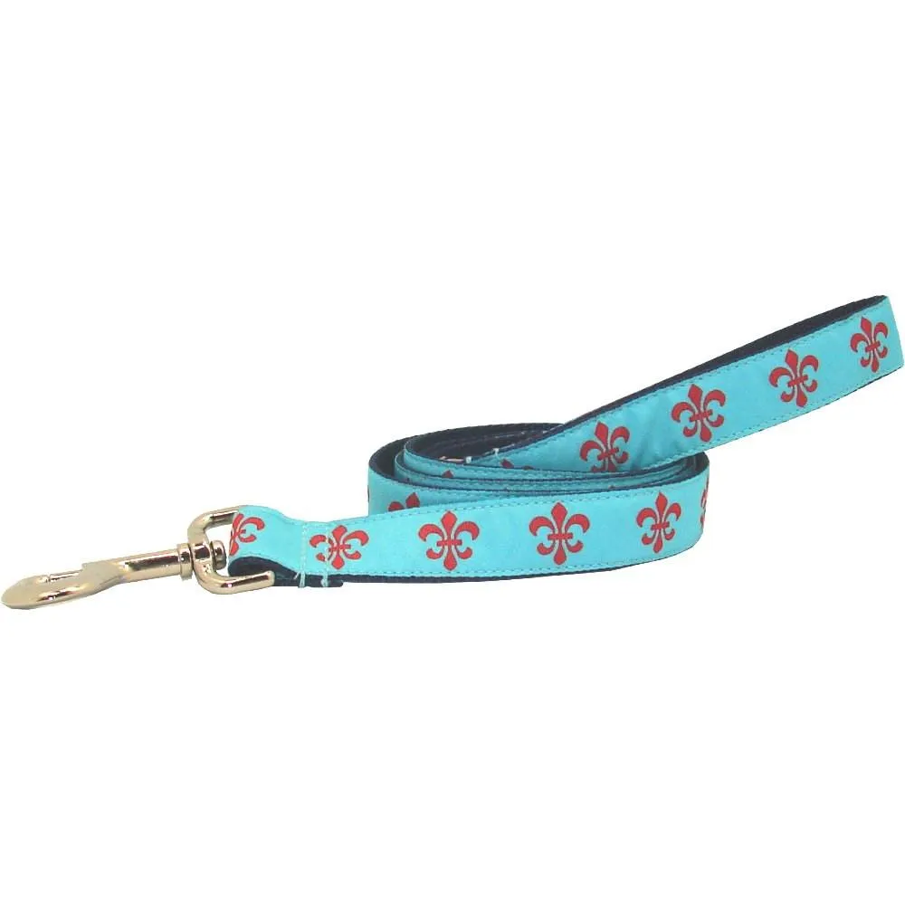 Aqua & Red Fleur de Lis Dog Leash
