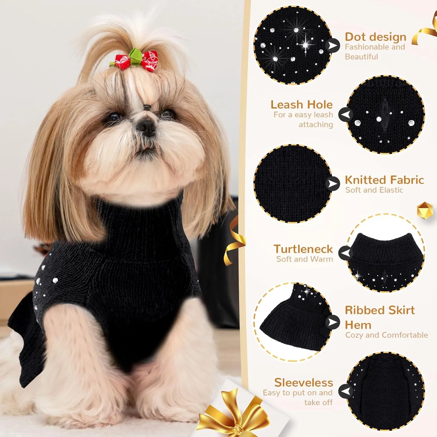 BAEJMJK Dog Sweater Dress with Leash Hole for Small Medium Dogs Warm Turtleneck Girl Dog Pullover Knitwear Cute Pet Puppy Cat Knitted Clothes for Yorkie Shih Tzu MalteseBlack,X-Large