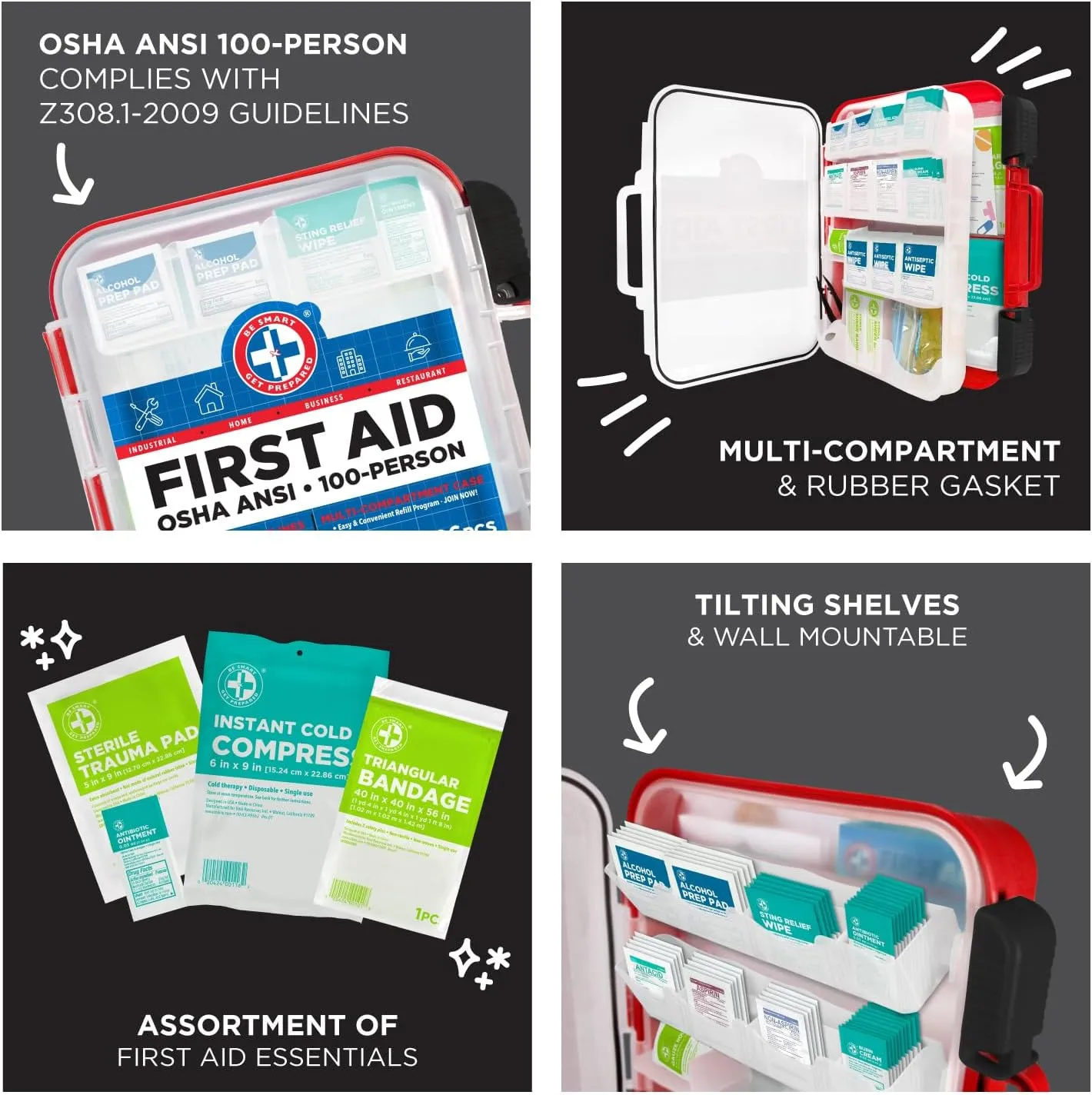 Be Smart Get Prepared First Aid Kit Hard Red Case 326 Pieces Exceeds OSHA ANSI Guidelines 100 People. Office, Home, Car, School, Emergency, Survival, Camping, Hunting and Sports, FSA / HSA Approved