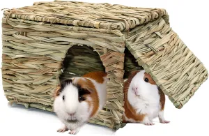 BWOGUE Large Grass House for Guinea Pigs,Hand Woven Straw Hut Foldable Small Animal Play Hideaway Bed with Double Openings Playhouse for Bunny Guinea Pig Chinchilla Ferret