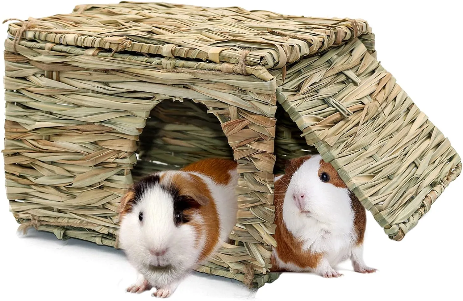 BWOGUE Large Grass House for Guinea Pigs,Hand Woven Straw Hut Foldable Small Animal Play Hideaway Bed with Double Openings Playhouse for Bunny Guinea Pig Chinchilla Ferret