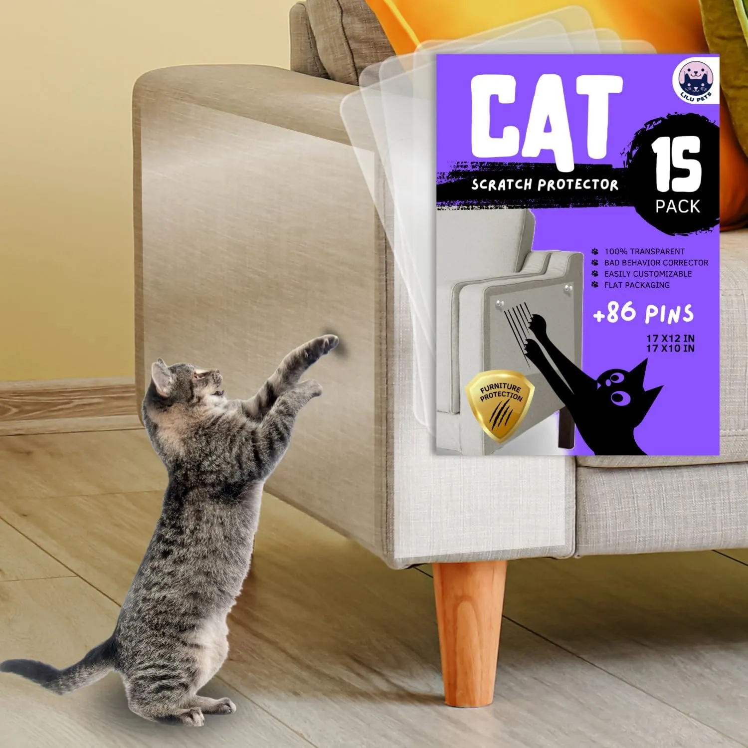 Cat Scratch Furniture Protector 15 Pack Self-Adhesive Clear Sheets Large Sizes (9 Pack 17x12 Inch & 6 Pack 17x10 Inch) and 86 Invisible Twist Pins, Scratch Deterrent Couch Corner Protectors.