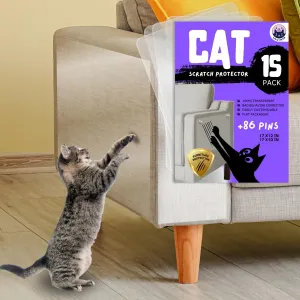 Cat Scratch Furniture Protector 15 Pack Self-Adhesive Clear Sheets Large Sizes (9 Pack 17x12 Inch & 6 Pack 17x10 Inch) and 86 Invisible Twist Pins, Scratch Deterrent Couch Corner Protectors.