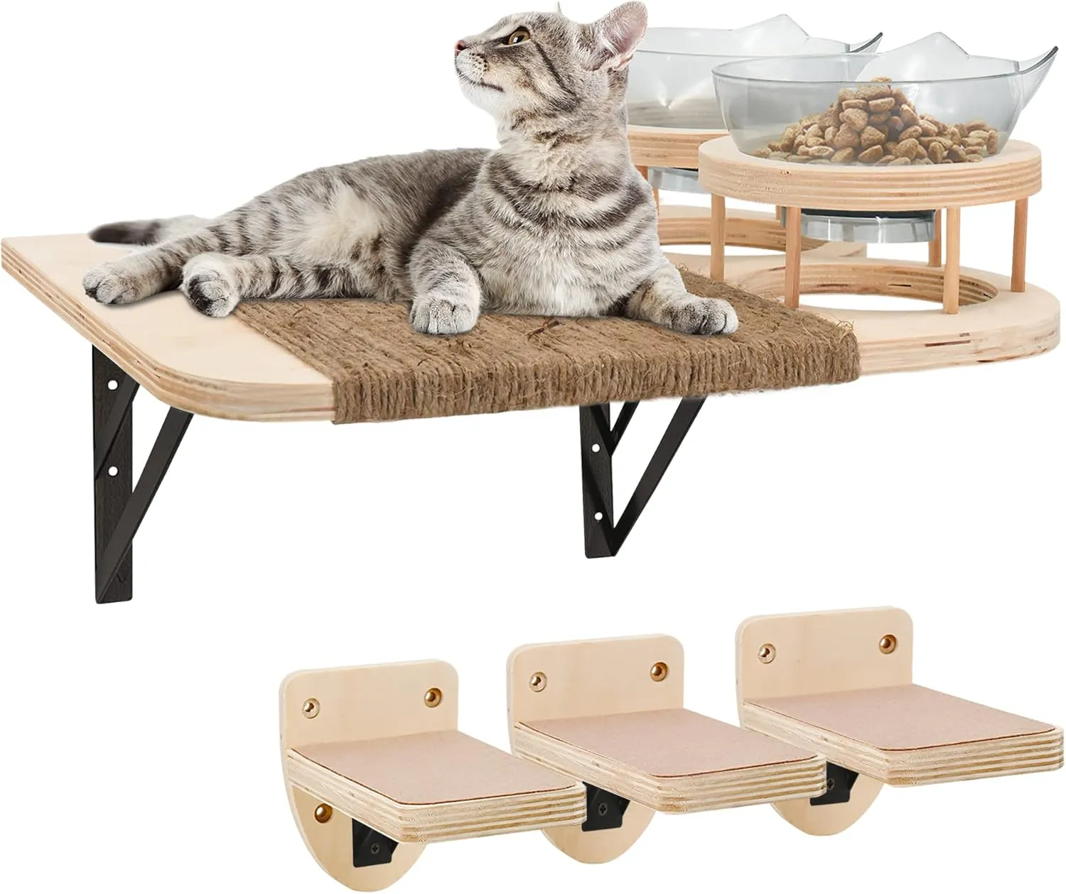 Cat Wall Shelves with 3 Steps, Cat Hammock and Perches, Cat Wall Furniture Set Climbing Shelves with 2 Food Shelf and Plush Covered