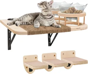 Cat Wall Shelves with 3 Steps, Cat Hammock and Perches, Cat Wall Furniture Set Climbing Shelves with 2 Food Shelf and Plush Covered