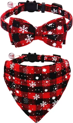 Christmas Cat Collars Breakaway with Bow Tie and Bandana, 2 Pack Red Green Plaid Christmas Kitten Collar with Bell, Removable Bowtie Bandana Cat Collar for Cats Kittens (S, Christmas red)