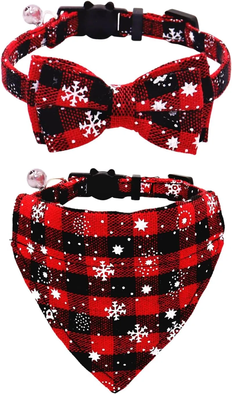 Christmas Cat Collars Breakaway with Bow Tie and Bandana, 2 Pack Red Green Plaid Christmas Kitten Collar with Bell, Removable Bowtie Bandana Cat Collar for Cats Kittens (S, Christmas red)
