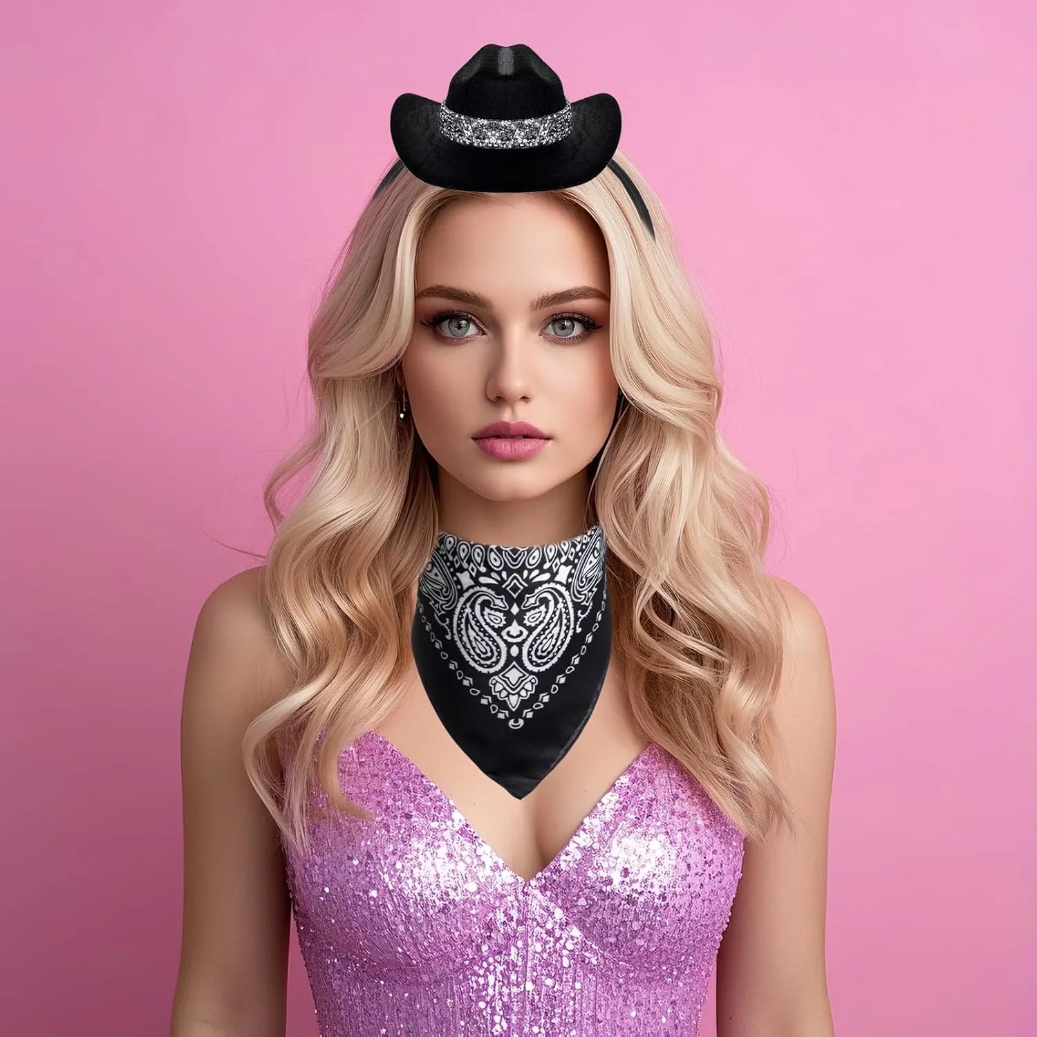 Cowboy Hat Headband Cowgirl Mini Hat Headbands with Bandana for Women Halloween Birthday Party Favor
