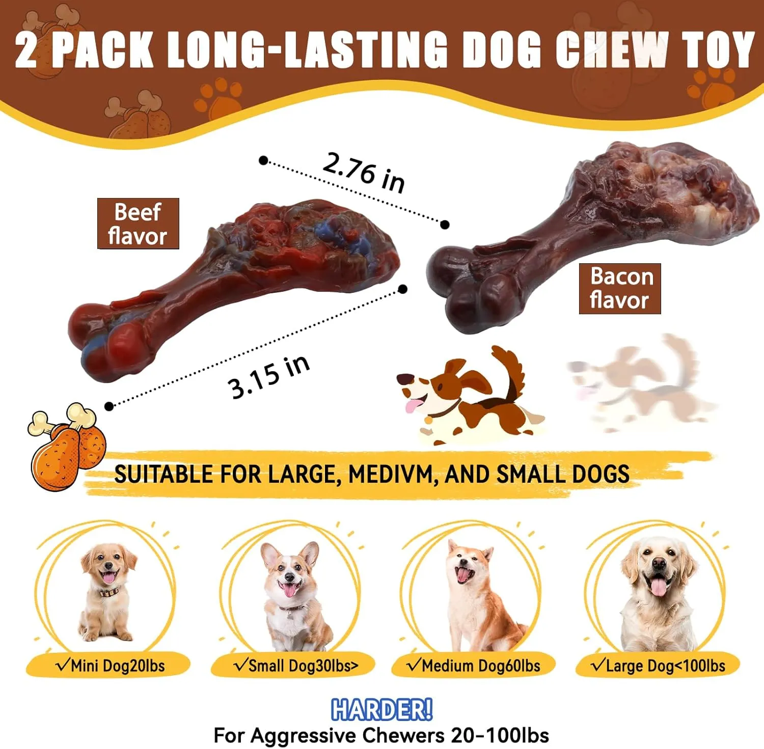 Dog Chew Toys for Aggressive Chewers, Indestructible Dog Toy for for Medium/Large Breed, Tough Nylon Teething Bone Toy to Keep Them Busy,Bacon and Real Beef Flavor (Beef Bacon Flavor, 2 Pack)