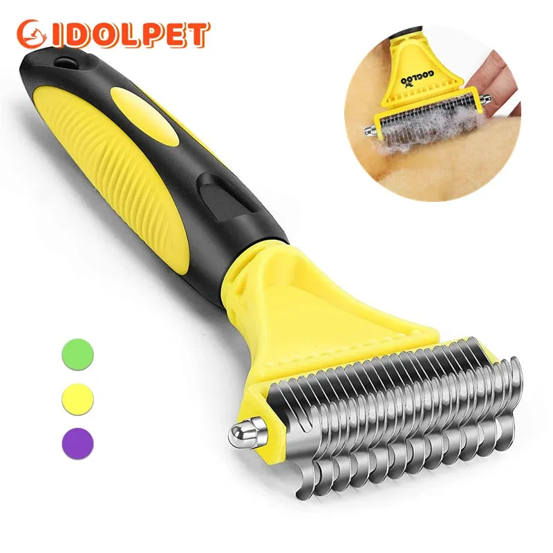 Dual-Sided Pet Grooming Brush for Dogs and Cats - Stainless Steel Undercoat Rake for Dematting and Detangling