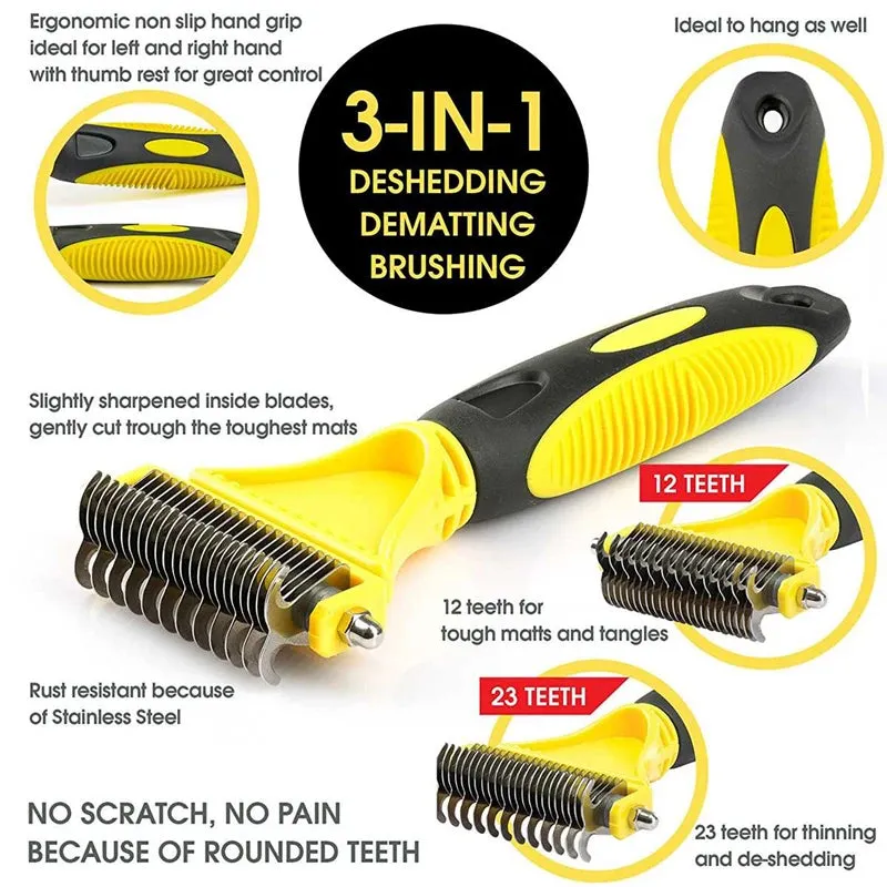 Dual-Sided Pet Grooming Brush for Dogs and Cats - Stainless Steel Undercoat Rake for Dematting and Detangling