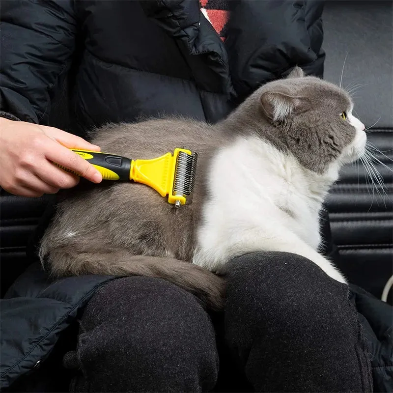 Dual-Sided Pet Grooming Brush for Dogs and Cats - Stainless Steel Undercoat Rake for Dematting and Detangling