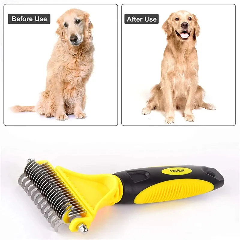 Dual-Sided Pet Grooming Brush for Dogs and Cats - Stainless Steel Undercoat Rake for Dematting and Detangling
