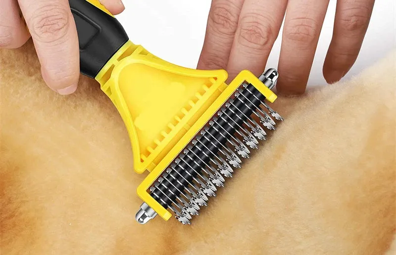 Dual-Sided Pet Grooming Brush for Dogs and Cats - Stainless Steel Undercoat Rake for Dematting and Detangling
