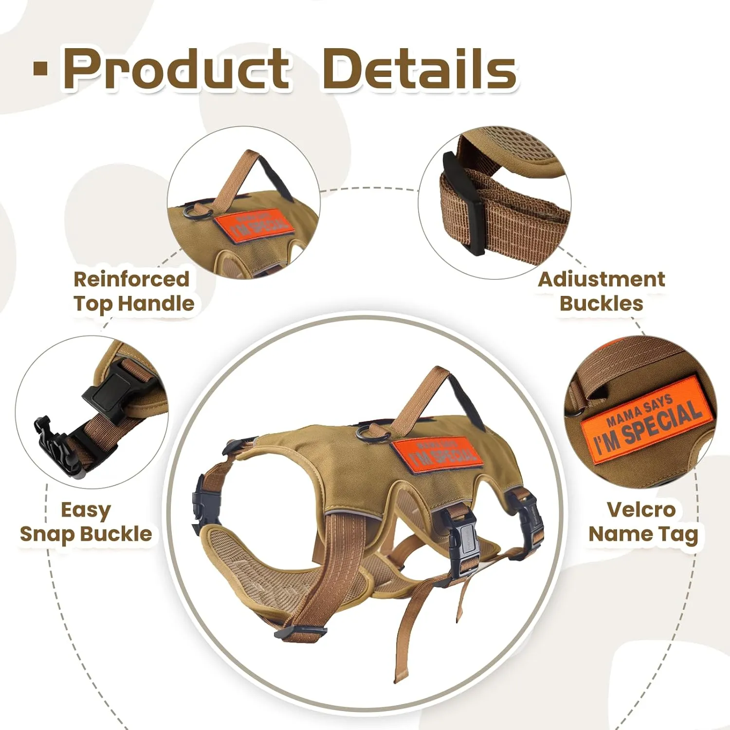 Escape Proof Dog Harness  Night Reflective, 5-Adjustable Straps, No-Choke Design, Lift Handle & Quick Release for Large Dogs  Ideal for Walking, Hiking & Training (Khaki, Large)