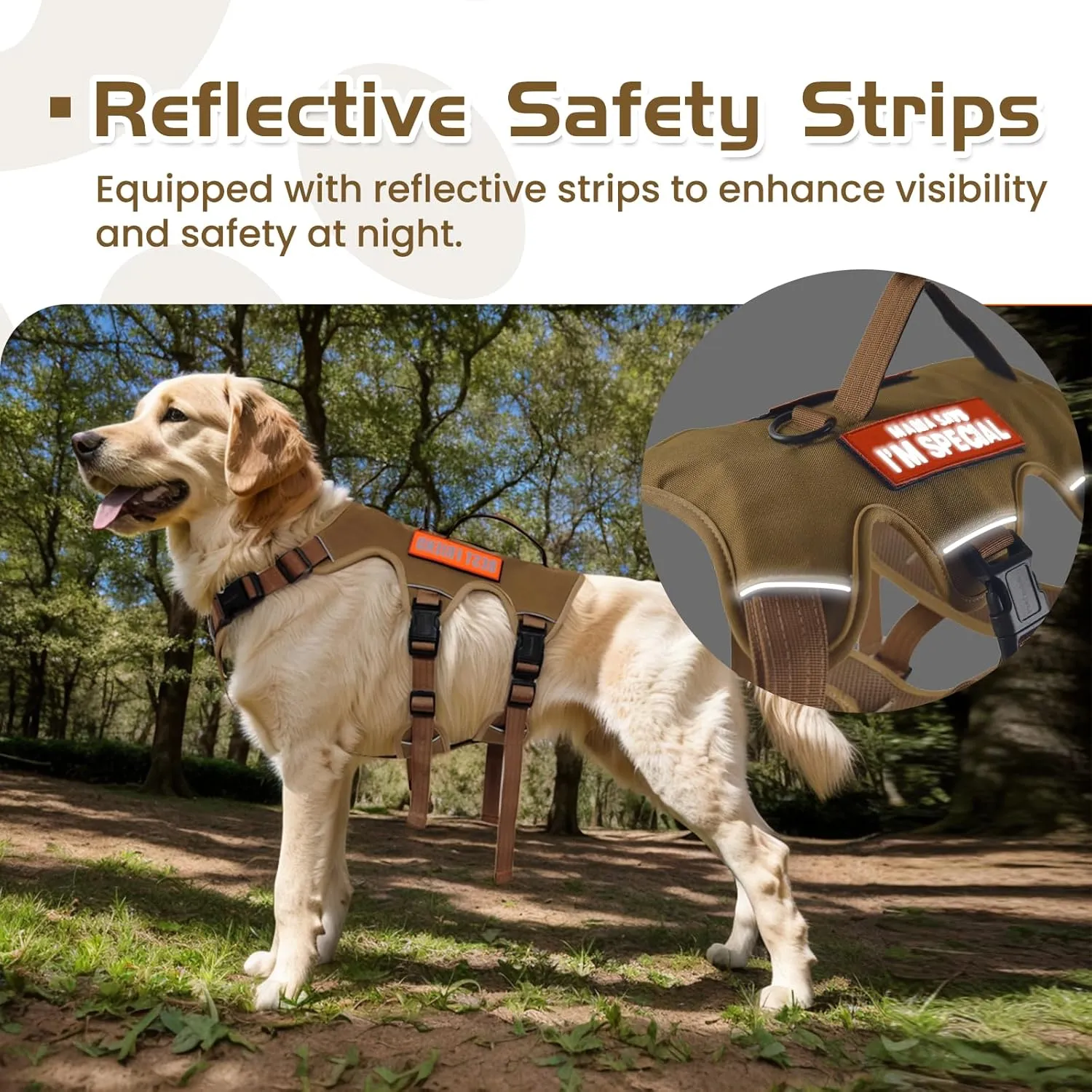 Escape Proof Dog Harness  Night Reflective, 5-Adjustable Straps, No-Choke Design, Lift Handle & Quick Release for Large Dogs  Ideal for Walking, Hiking & Training (Khaki, Large)