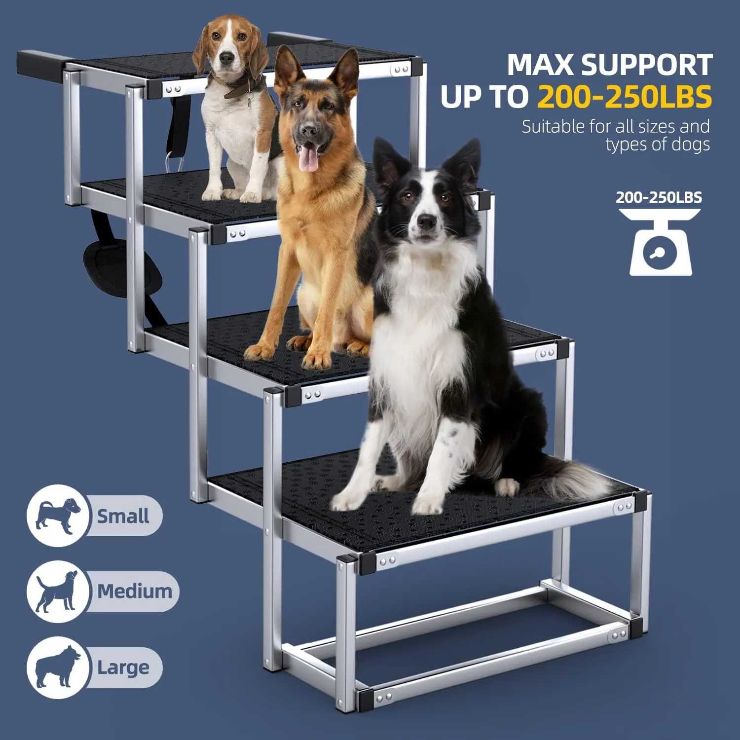 Extra Wide Dog Stairs for Large Dogs, Foldable Dog Ramp for Car with Non-Slip Surface, Dogs Stairs for Cars, High Beds, Truck, Supports up to 250 lbs, 4 Steps