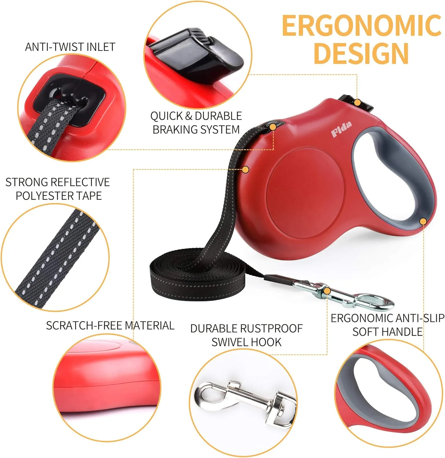 Fida Retractable Dog Leash, 16 ft Dog Walking Leash for Small Dogs up to 26lbs, Tangle Free, Red