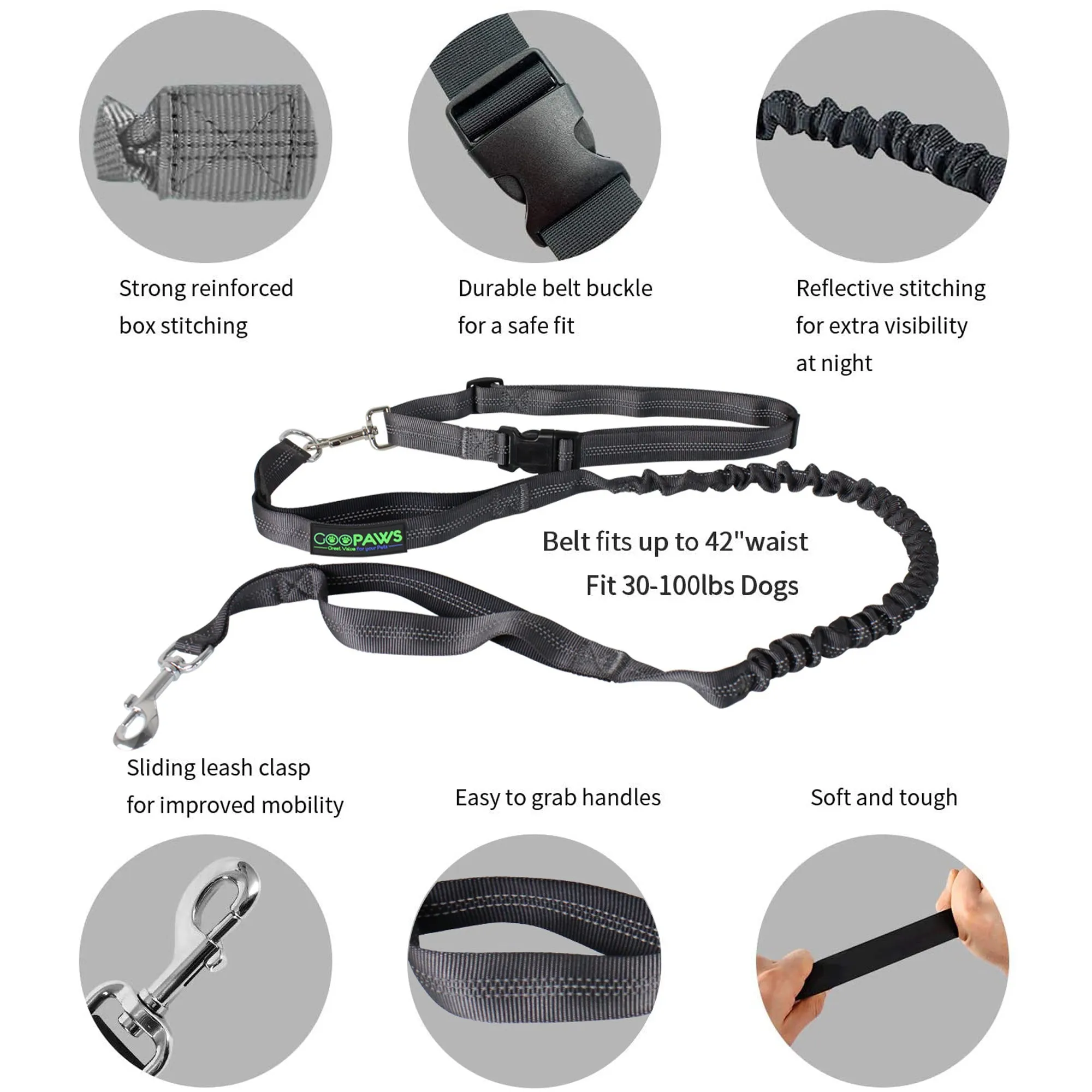 GOOPAWS No Pull Hand Free Bungee Dog Leash for Hiking, Running, Black