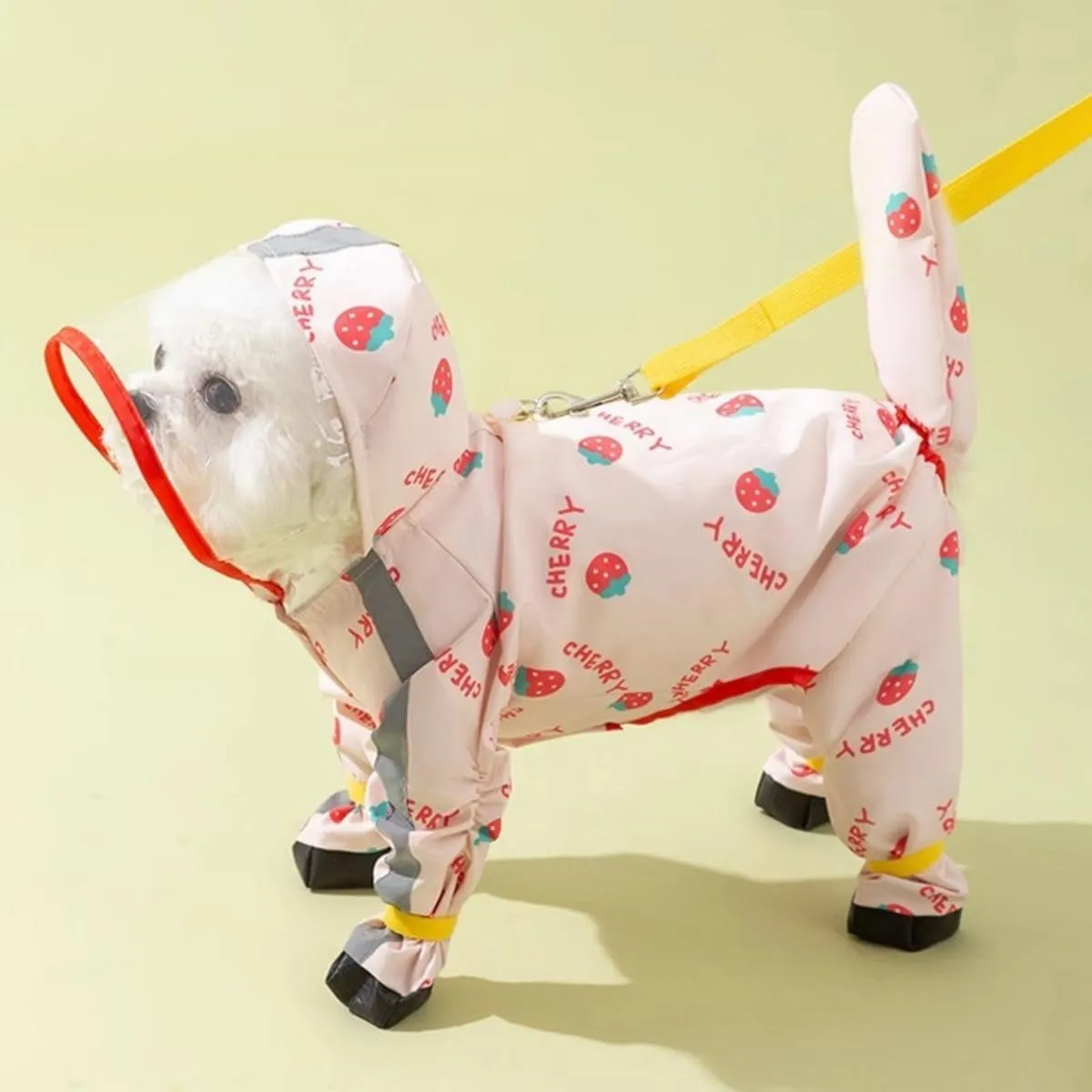 HDKUW Small Dog Raincoat & Rain Shoes Set,Full-Coverage Reflective Dog Jacket with D-Ring,Dogs Raincoat with Rain Boots Set for Puppy Small Dogs Strawberry M