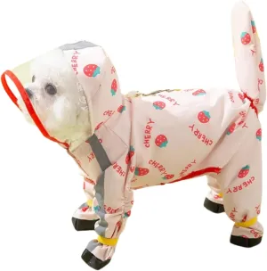 HDKUW Small Dog Raincoat & Rain Shoes Set,Full-Coverage Reflective Dog Jacket with D-Ring,Dogs Raincoat with Rain Boots Set for Puppy Small Dogs Strawberry M