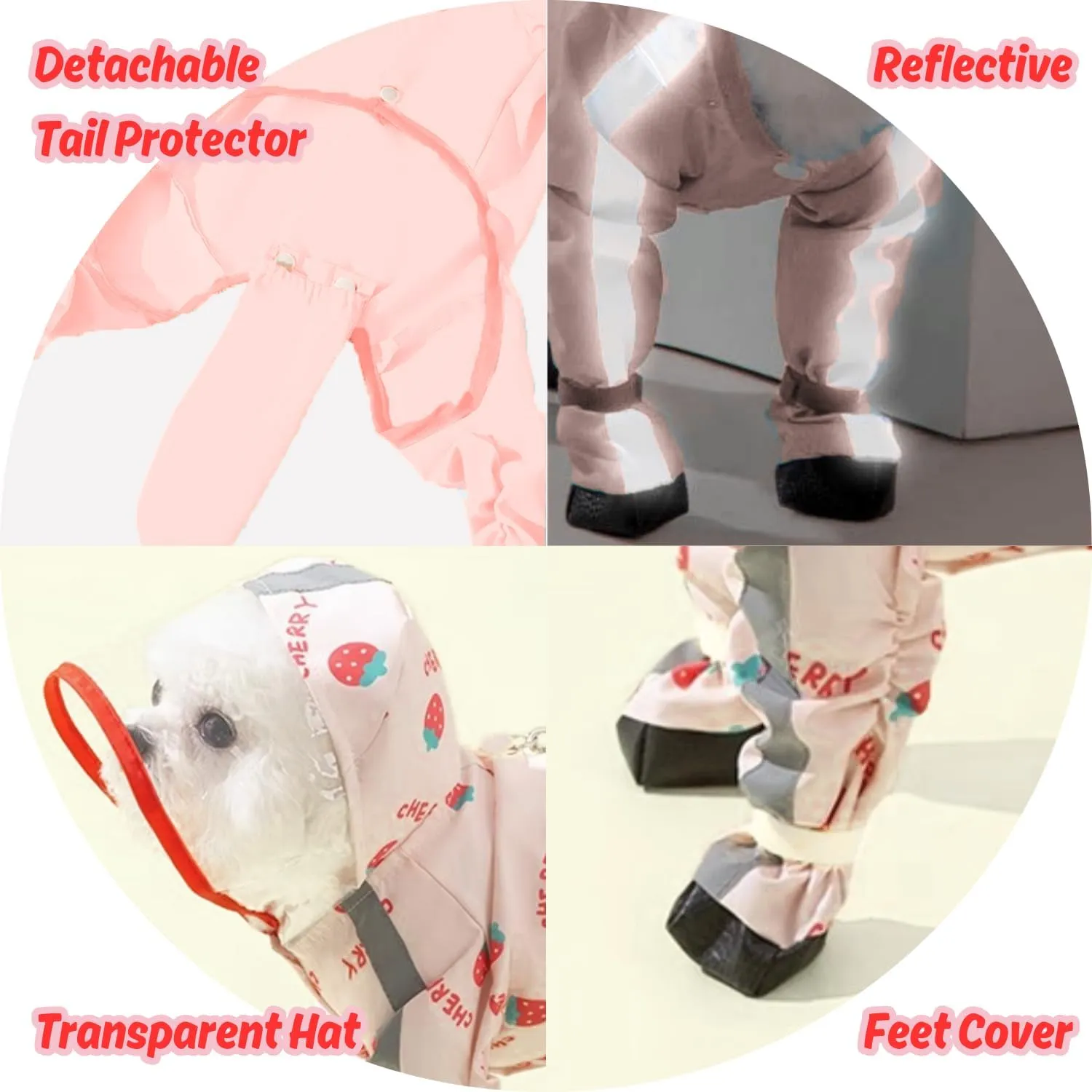 HDKUW Small Dog Raincoat & Rain Shoes Set,Full-Coverage Reflective Dog Jacket with D-Ring,Dogs Raincoat with Rain Boots Set for Puppy Small Dogs Strawberry M