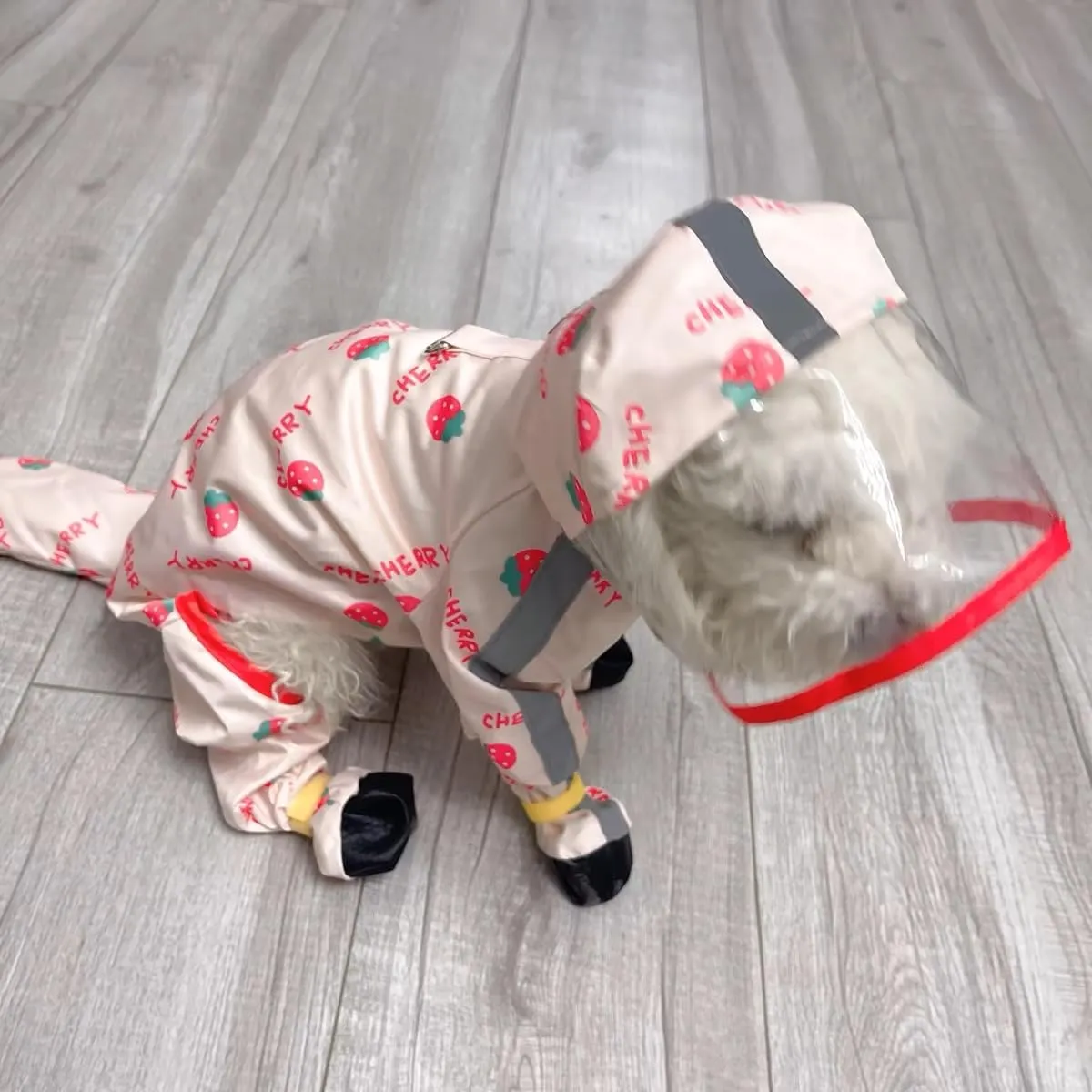 HDKUW Small Dog Raincoat & Rain Shoes Set,Full-Coverage Reflective Dog Jacket with D-Ring,Dogs Raincoat with Rain Boots Set for Puppy Small Dogs Strawberry M