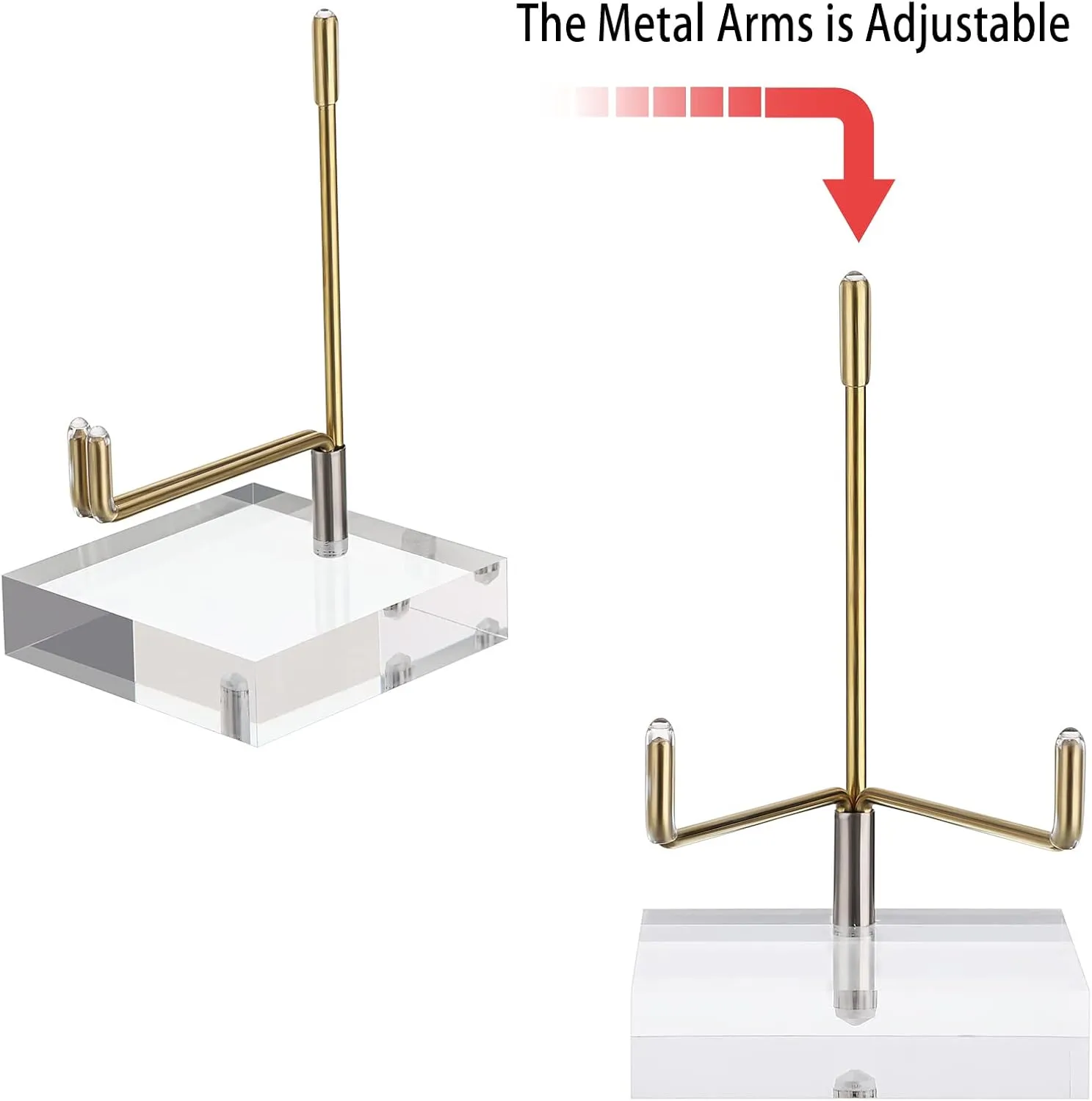 Hipiwe Clear Acrylic Display Stand Holder with Adjustable Metal Arms Display Easel Stands for Gemstones Fossils Minerals Agate Slabs Plates Crystals Saucers Collectibles, 2.4x2.4x4.1 inch