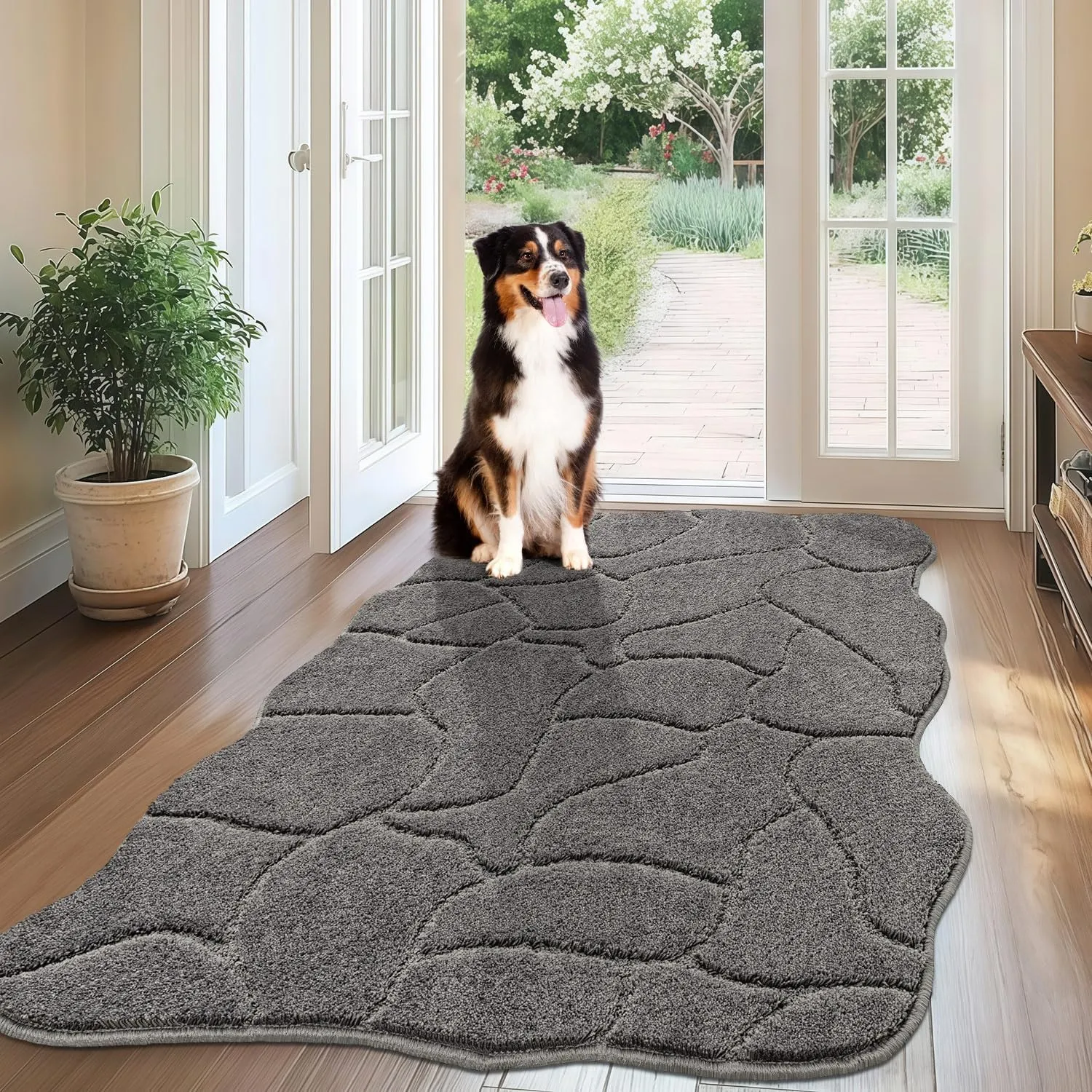 Large Dog Door Mat for Muddy Paws, 32x47 Absorbent Dirt Trapper Long Door Mat, Non-Slip Washable Mud Mat for Dogs, Polyester Microfiber Soft Pet Rug Mat for Entryway, Mud Dog Paws, Patio (Gray)