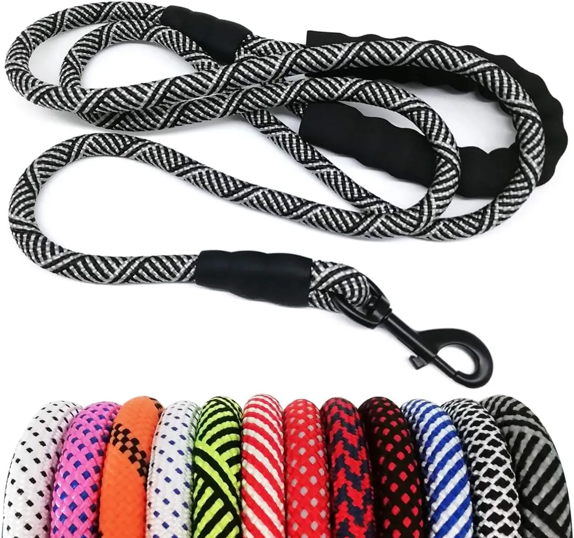 MayPaw Heavy Duty Rope Dog Leash, 3/4/5/6/7/8/10/12/15 FT Nylon Pet Leash, Soft Padded Handle Thick Lead for Large Medium Dogs Small Puppy (1/2" * 6', Black)