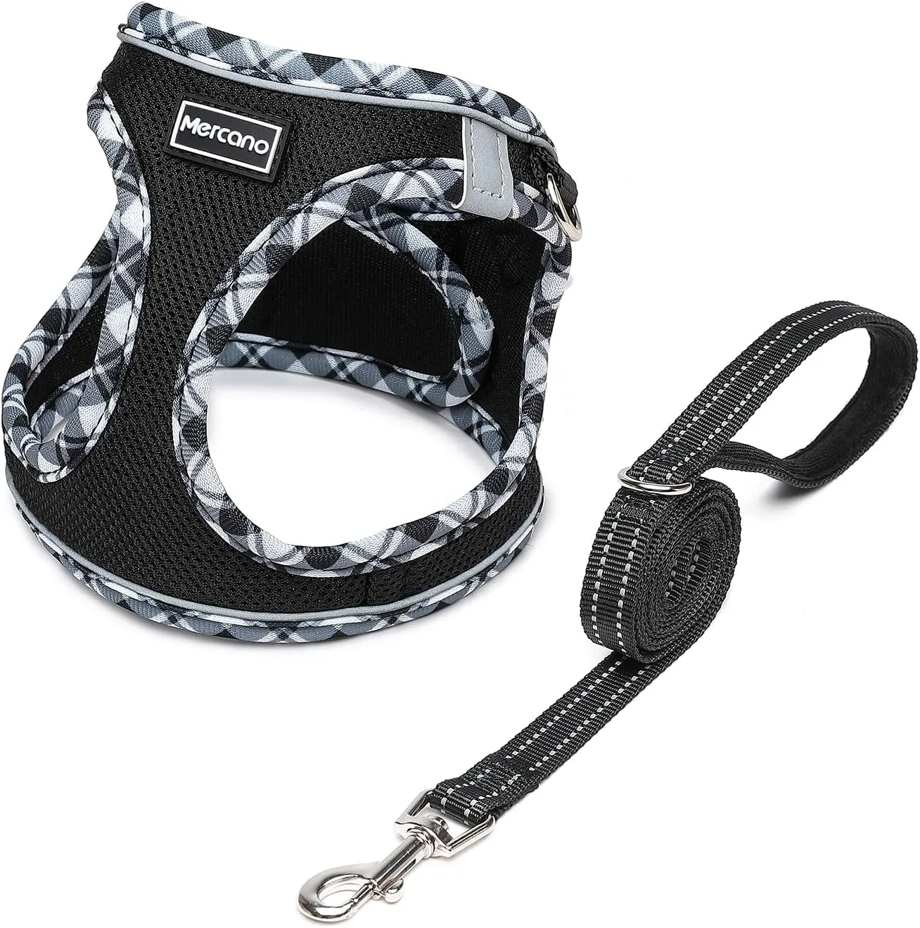 Mercano Soft Mesh Dog Harness and Leash Set, No-Chock Step-in Reflective Breathable Lightweight Escape Proof Vest Harnesses with Safety Buckle for Small Dogs, Cats (Black White, M)