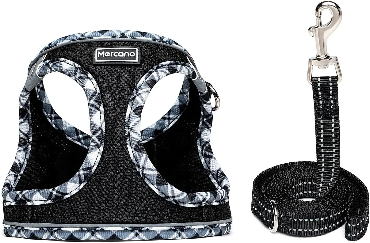 Mercano Soft Mesh Dog Harness and Leash Set, No-Chock Step-in Reflective Breathable Lightweight Escape Proof Vest Harnesses with Safety Buckle for Small Dogs, Cats (Black White, M)