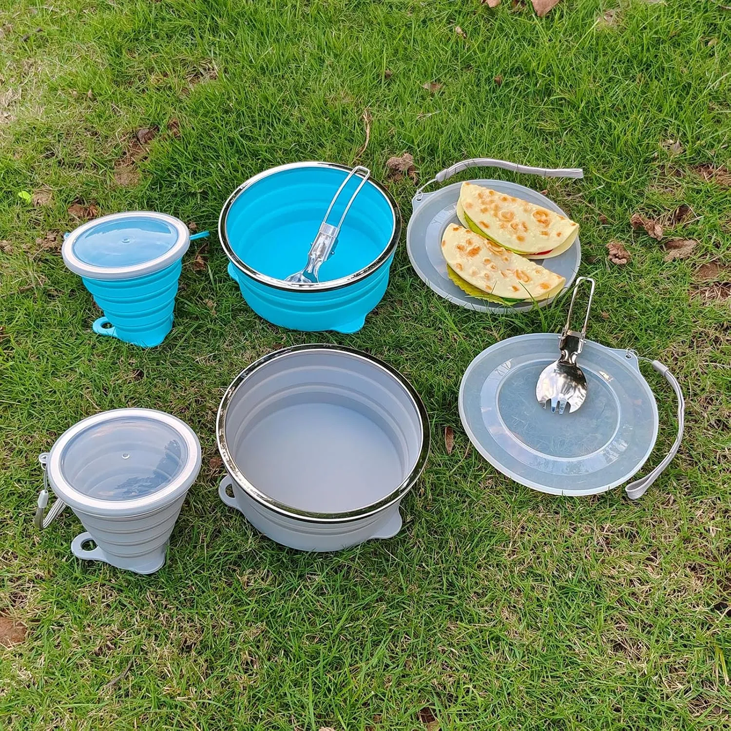 Mess Kit for Camping Silicone Collapsible Bowl Collapsible Cup and Stainless Steel Spoon for Backpacking Outdoor Hiking Traveling and Picnic - 2 Pack