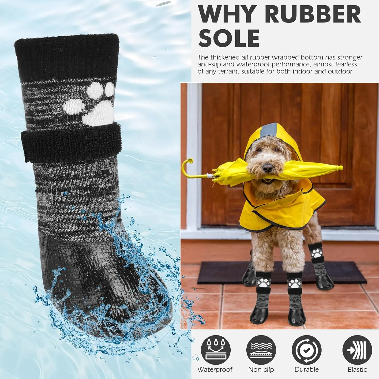 Mihachi Dog Socks Anti Slip with Straps Traction Control Waterproof Paw Protector, Dog Boots for Hardwood Floors Prevent Licking, Black L