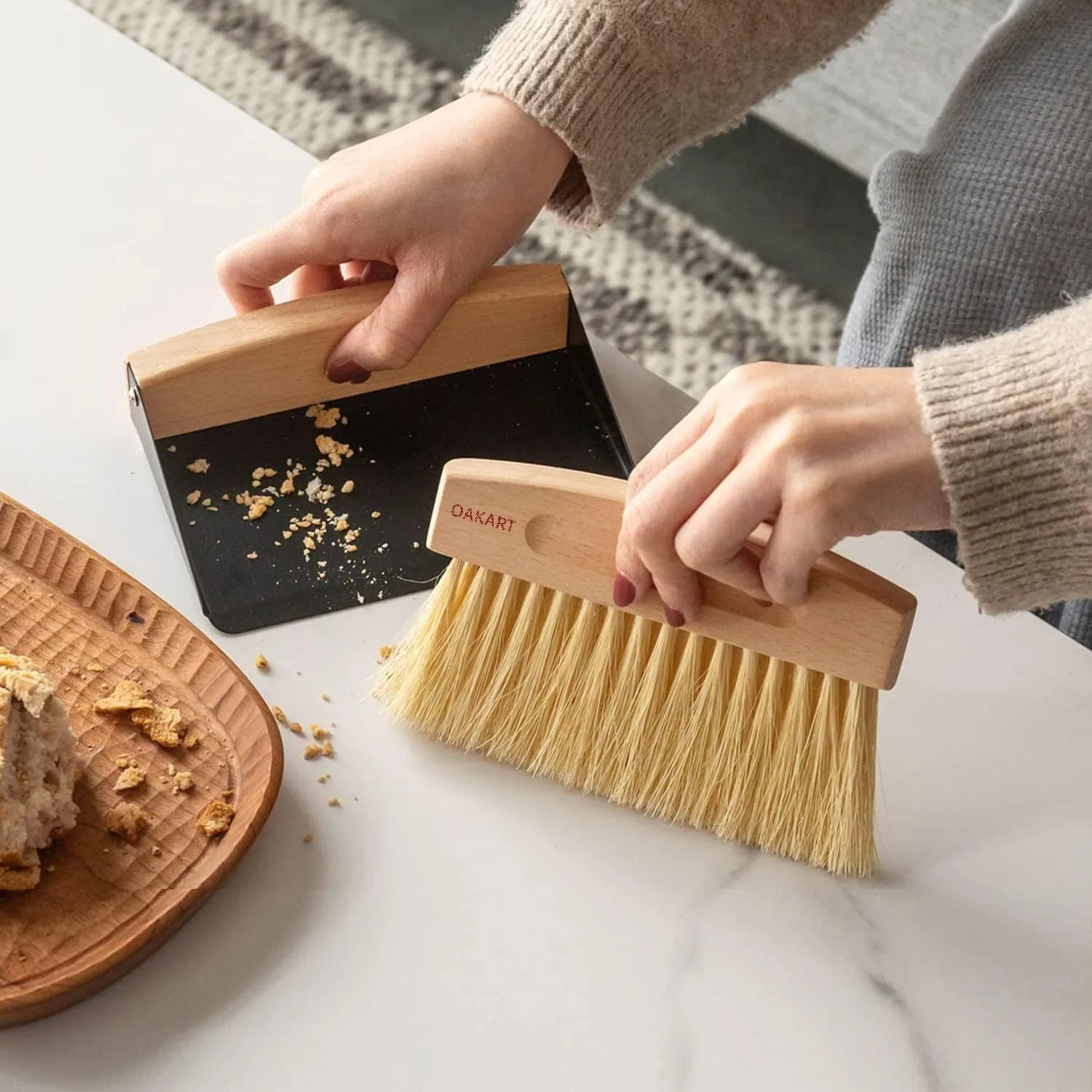 Mini Metal Dustpan and Brush Set for Sweeping Crumbs Fireplace, Natural Table Sweeper Combo (Black)