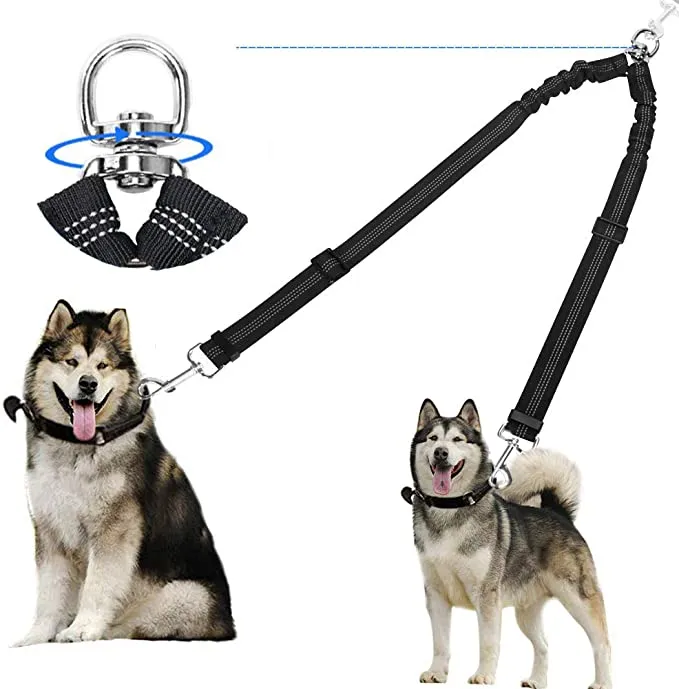New Corooci 2 Dog Leash, No Tangle 360° Swivel Rotation Heavy Duty Dog Lead for 2 Dogs, Adjustable Bungee Reflective Dual Dog Leash