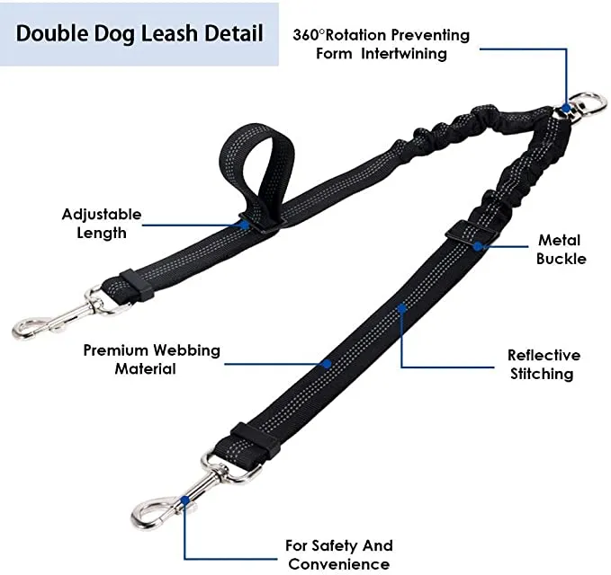 New Corooci 2 Dog Leash, No Tangle 360° Swivel Rotation Heavy Duty Dog Lead for 2 Dogs, Adjustable Bungee Reflective Dual Dog Leash