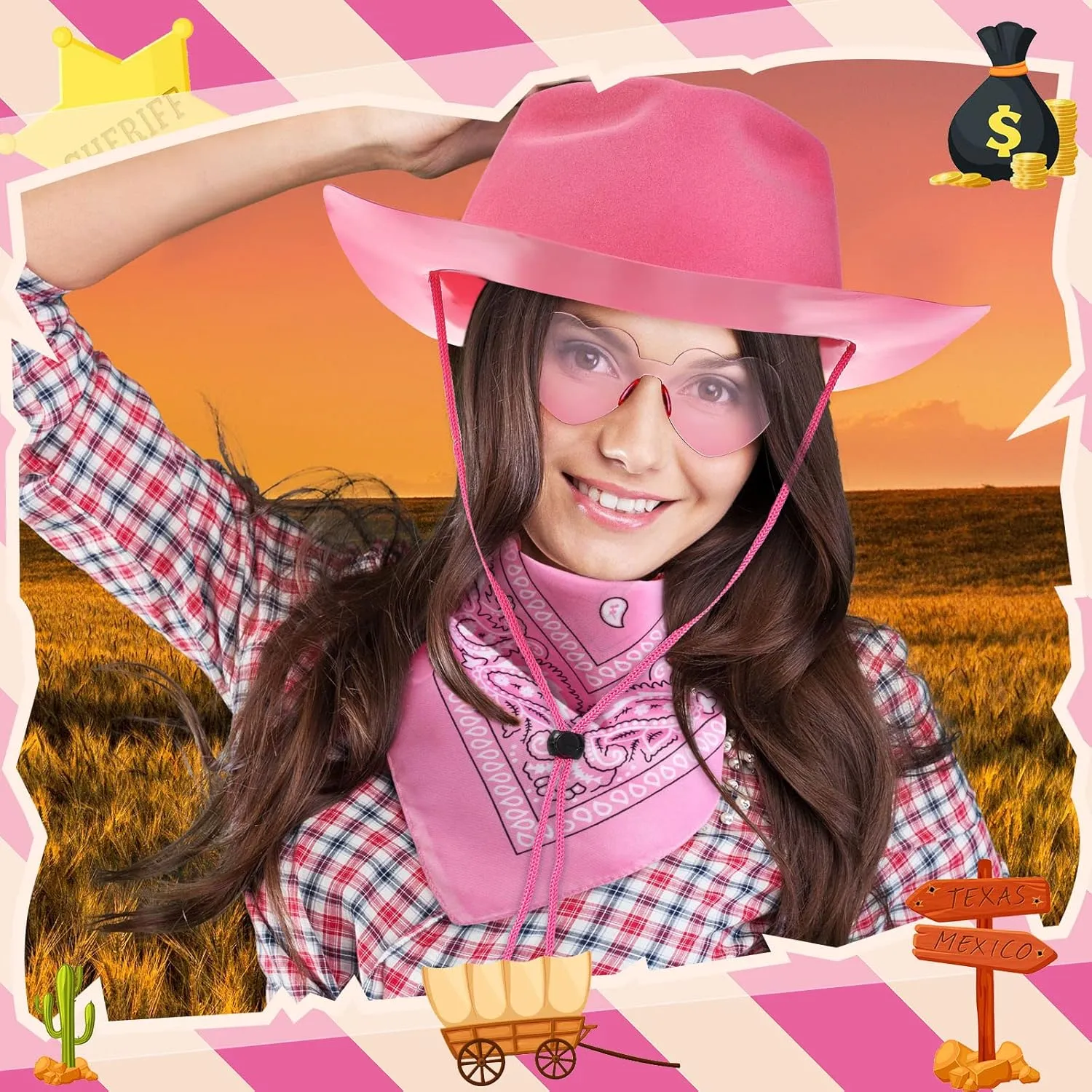 Newcotte 18 Pcs Western Cowboy Plastic Hat Set Include 6 Hats 6 Paisley Bandanas 6 Pairs Heart Glasses for Party
