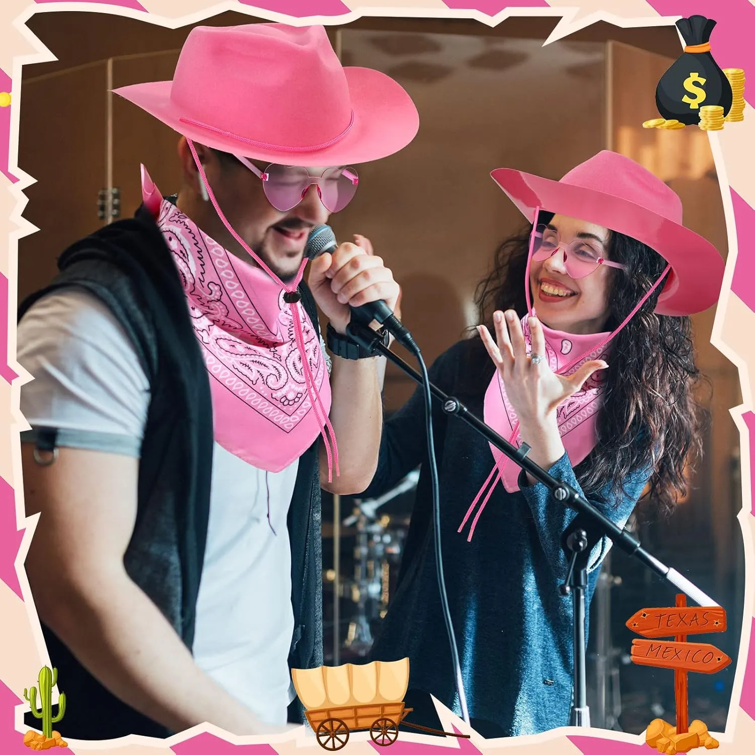 Newcotte 18 Pcs Western Cowboy Plastic Hat Set Include 6 Hats 6 Paisley Bandanas 6 Pairs Heart Glasses for Party