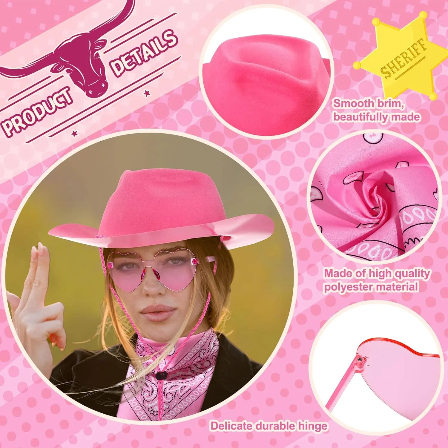 Newcotte 18 Pcs Western Cowboy Plastic Hat Set Include 6 Hats 6 Paisley Bandanas 6 Pairs Heart Glasses for Party