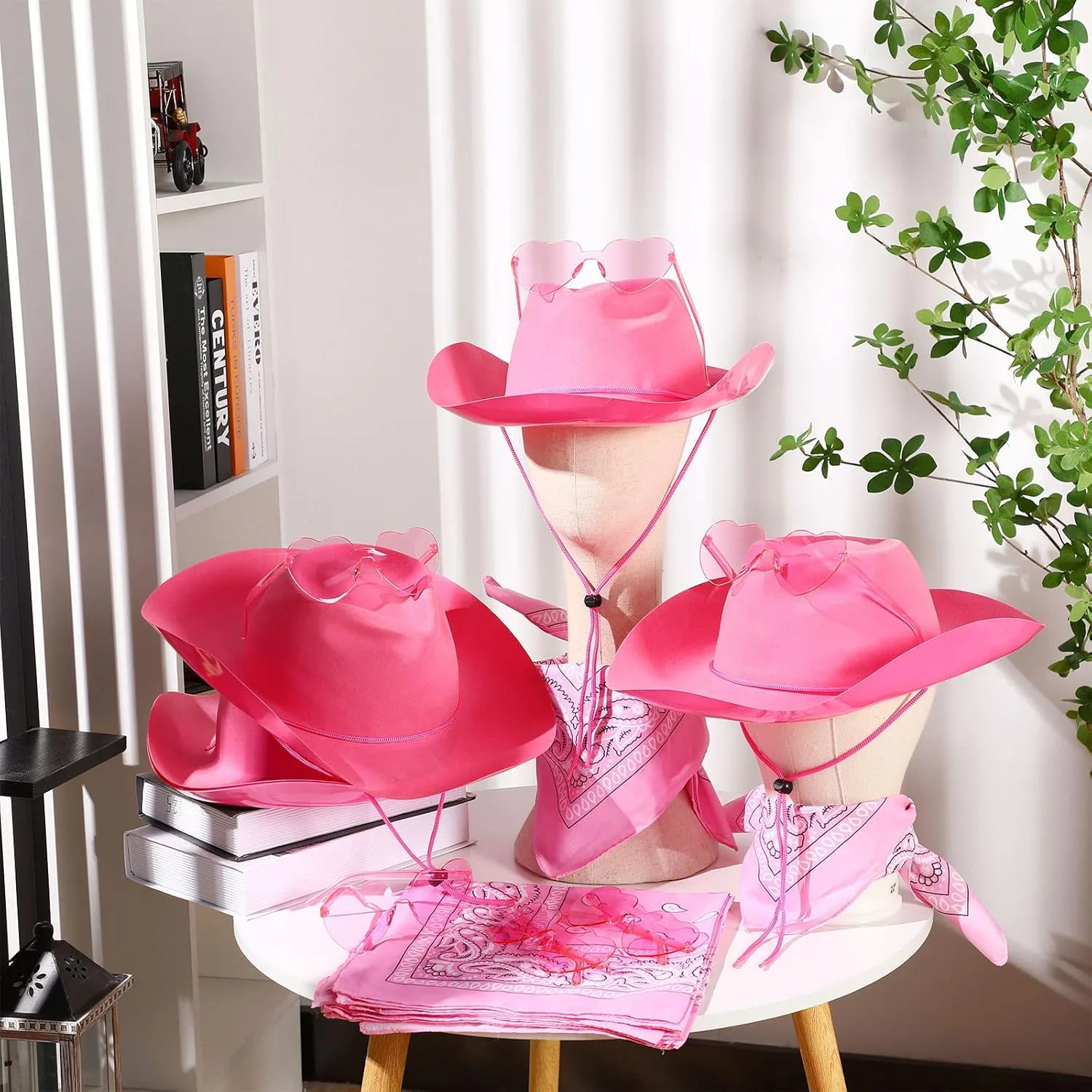 Newcotte 18 Pcs Western Cowboy Plastic Hat Set Include 6 Hats 6 Paisley Bandanas 6 Pairs Heart Glasses for Party