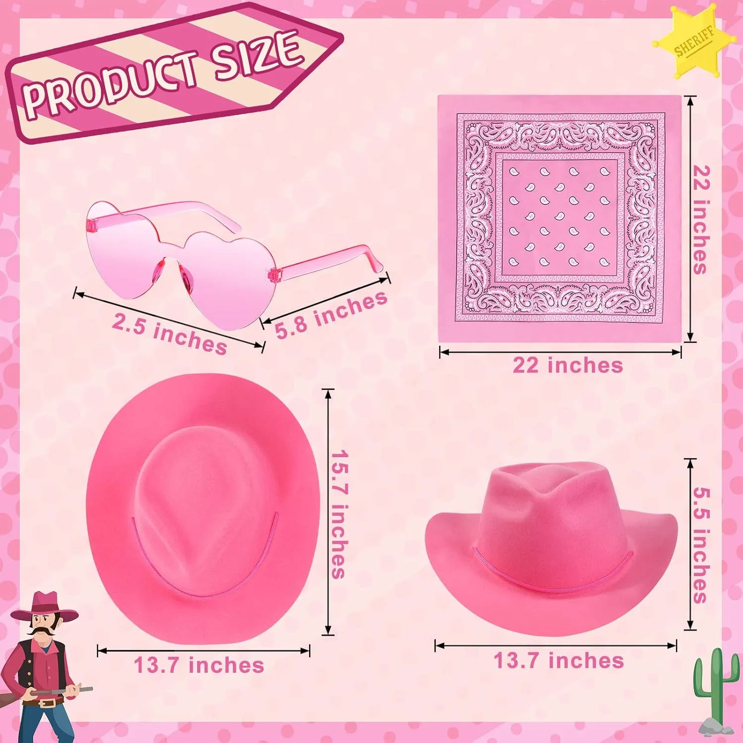 Newcotte 18 Pcs Western Cowboy Plastic Hat Set Include 6 Hats 6 Paisley Bandanas 6 Pairs Heart Glasses for Party